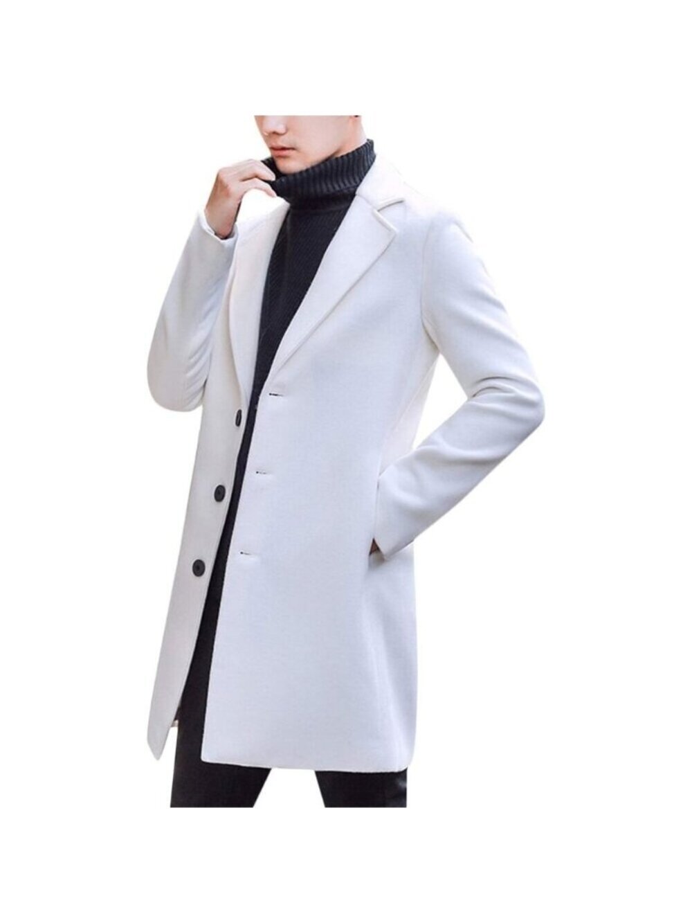 Men's White Wool Blend Pea Coat Collar Single Breasted Overcoat Trench Coat
